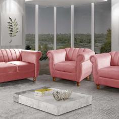 Conjunto Realeza Sofá com Poltronas Chesterfield Decoração Rosa