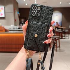 Pulseira de couro PU Crossboby com porta-cartão capa de telefone para iPhone 15 14 11 Pro Max 13 12 Mini XR XS Max 8 7 Plus capa, preta, para iPhone 12