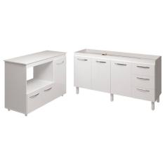 Balcão Cozinha Armário Gabinete De Pia 160 Cm Estela E Balcão Para Microondas E Forno Elétrico Lilian Branco
