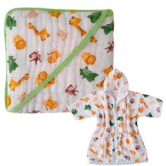 Kit 1 Toalha de Banho Bebe Soft com Capuz de Fralda + 1 Roupão com Cap