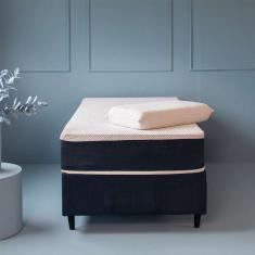 Cama Box Solteiro com Colchão Mola Ensacada Guldi Firme e 1 Travesseiro Guldi Nasa Viscoelástico Azul e Branco