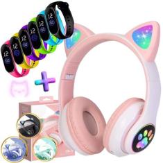 Fone Ouvido Headphone Orelha Gato Bluetooth Infantil e Pulseira Led - 