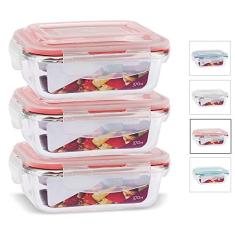 KIT 3 Potes de Vidro Retangular com Tampa Hermética 370ml Cor:Vermelho (QH)