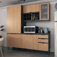 Cozinha Compacta Margarida 200cm com Tampo, 4 Peças, 8 Portas e 3 Gavetas com Divisor de Talheres Freijó