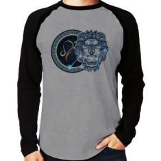 Camiseta Raglan Signo Leão Astrologia Manga Longa - Foca na Moda, Cinz