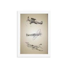 Quadro Vintage Moldura Branca Aviões Antigos Triplo 22x32cm - Quartinh