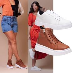 Kit Tênis Feminino Casual Branco Para Um Visual Leve, + Coturno Femini