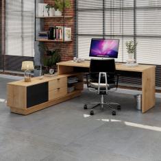 Escrivaninha Para Escritório Em L Executiva 200x180cm Com Balcão Cayman Yescasa Vermont Oak/preto Trama