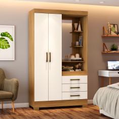 Guarda Roupas Solteiro Com 2 Portas 3 Gavetas Com Espelho B64 Nature / Off White - Briz Móveis