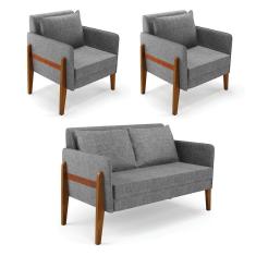 Kit 1 Sofá Namoradeira E 2 Poltronas Lana Linho Base De Madeira - D`rossi Cor A26 Grafite