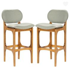 Kit 2 Banquetas Alta Estofada Rafine Madeira Maciça Castanho Linho Verde