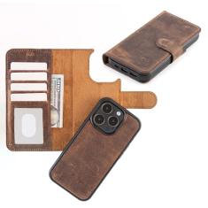 Node Leather Capa para iPhone 15 Pro com compatibilidade MagSafe, capa carteira de couro genuíno para iPhone 15 Pro com suporte para cartão, capa flip magnética destacável, bloqueio RFID - marrom