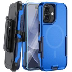 MUITQ Capa magnética para iPhone 16, [compatível com MagSafe] [coldre com clipe de cinto], com 2 películas de vidro temperado, capa de telefone para iPhone 16 de 6,1 polegadas (clipe de cinto