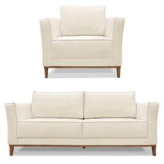 Kit Poltrona e Sofá Living 2 Lugares 1,70m Vega Linho Pés Castanho - P