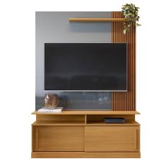 Estante Rack Painel Home Moderno TV 47 48 50 55 60 Polegadas Porta Correr e Nicho Multiuso Organizador Sala Pequena Chicago 1,36- Tauari Ripado/Cinza