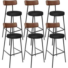 Kit 06 Banquetas Alta Bar Cozinha Sala De Jantar Milão L02 Couríssimo Marrom Preto - Lyam Decor