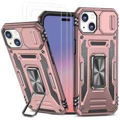 SOPROCAS Capa para iPhone 15 com suporte de anel para câmera deslizante [pacote com 3 protetores de tela], proteção contra quedas militar resistente à prova de choque para iPhone 15 de 6,1 polegadas -