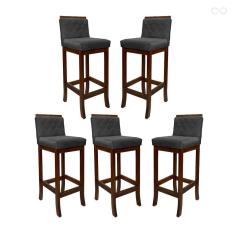 Kit 5 Banquetas Média de Madeira Maciça Nice com Encosto Matelassê Suede Cinza CCS