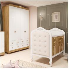 Quarto de Bebê com Guarda-roupa e Berço com Capitonê 100% Mdf Maya Clássico Espresso Móveis Branco Brilho/Amêndoa/Branco