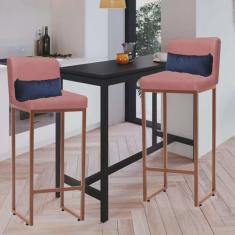 Kit 02 Banqueta Alta com Encosto Lucca Industrial Cozinha Balcão Ferro Bronze Suede Rose Gold e Almofada Azul Marinho - Ahazzo Móveis