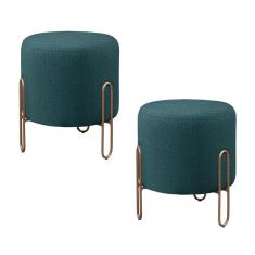 Conjunto - 2 Puffs Banqueta Mali Luxo Base Metálica Bronze Linho Azul