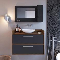 Conjunto de Balcão e Espelheira para Banheiro Arlo Estilare Móveis Preto/madeirado Escuro