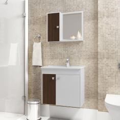 Gabinete para Banheiro com Cuba e Espelheira Munique Móveis Bechara Branco/Nogal