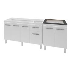 Armário Cozinha Gabinete Pia De 140 Cm Camile Com Balcão Cooktop 4 Bocas Branco Jade