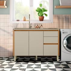 Balcão Multiuso Para Lavanderia 2 Portas 3 Gavetas Sem Tampo 120 cm Nature Off White Mires Shop jm