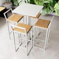 Conjunto Mesa Alta Bar Bistrô Quadrada Branca 4 Banquetas Confort Pinu