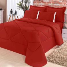 Kit Edredom + Lençol Aconchego Dupla Face Casal Padrão 6 Pçs - Vermelh