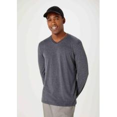Camiseta Básica Masculina Manga Longa Gola V World, XP, Cinza escuro