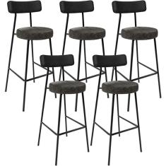 Kit 05 Banquetas Alta Bar Cozinha Sala De Jantar Milão L02 Couríssimo Preto Linho Chumbo - Lyam Decor