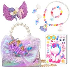 LSSAGOON Bolsa borboleta sereia unicórnio para meninas, bolsa infantil com conjunto de joias para vestir, mini bolsa transversal de pérolas, presentes para aniversário, Natal, Roxa