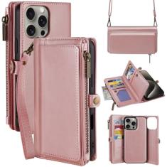 MInCYB Capa carteira para iPhone 16 Plus com alça transversal e suporte magnético destacável de couro sintético com bloqueio de RFID para mulheres e homens, 6,7 polegadas - Rosa