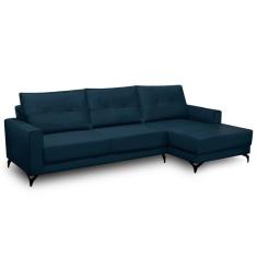 Sofá 4 Lugares Com Chaise Direito 285cm Soreh F05 Veludo Azul - Mpozenato
