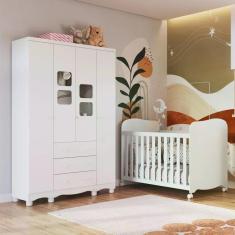 Quarto de Bebê com Guarda Roupa 4 Portas com Janelas e Berço 100% MDF Mimo Espresso Móveis Branco Brilho