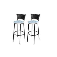 Jogo 2 Banqueta Alta Para Cozinha Ratan Preta Estofado Floral - Lamar 