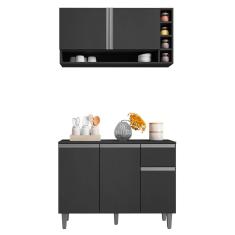 Balcão Gabinete de Cozinha e Armário Aéreo Vanessa Cinza Escuro - Desk Design