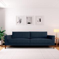 Sofá 4 Lugares 260cm Break Estilo Moderno Linho Pés em Madeira Maciça Azul Jeans