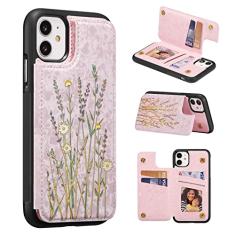 UEEBAI Capa carteira para iPhone 11 de 6,1 polegadas com porta-cartões, capa de couro PU com suporte e bloqueio de RFID, fecho magnético duplo, flor Rilievo, capa flip à prova de choque para mulheres