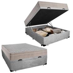 Cama Box Baú Casal Suede + Colchão SerenePrime Molas Ensacadas 138x188x69 Cinza