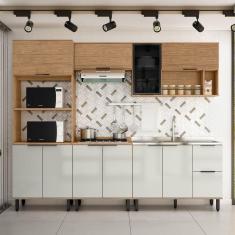 Cozinha Modulada Toscana 5 Peças em Mdf com Aéreo 1200 Porta de Vidro e Torre Quente 2 Fornos Freijó/Off White