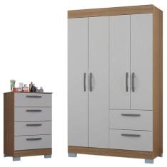 Cômoda 867 4 Gavetas e Guarda Roupa Solteiro Tóquio 4 Portas Castanho Off White - Poquema