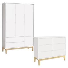 Cômoda 6 Gavetas e Guarda Roupa 3 Portas New Classic Branco com Pés Ma