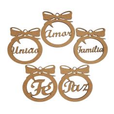 Kit Com 5 Enfeites Bolinhas De Natal Com Palavras Mdf Cru