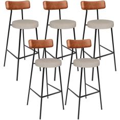 Kit 05 Banquetas Alta Bar Cozinha Sala De Jantar Milão L02 Couríssimo Camel Linho Bege - Lyam Decor