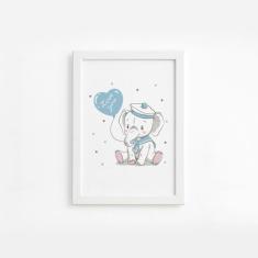 Quadro Elefante e Balão Azul Moldura Branca 22x32cm - Quartinhos