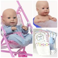 Boneco Reborn Masculino Fofo Corpo 100% Silicone + Carrinho - Cegonha 