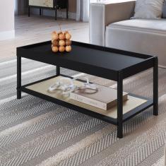 Mesa de Centro Retangular com Prateleira 93cm Palhinha Pé Madeira Oslo Nero/Preto